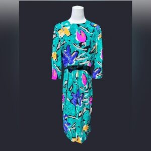 Women’s Vintage 80’s Multi Color Floral Midi Dress by V.L.P. Petites - Size 10